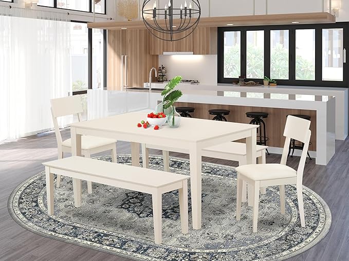 East West Furniture CAAD5C-LWH-LC 5 Piece Kitchen Table Set for 4 Includes a Rectangle Dining Room Table and 2 Faux Leather Dining Chairs with 2 Benches, 36x60 Inch, Linen White