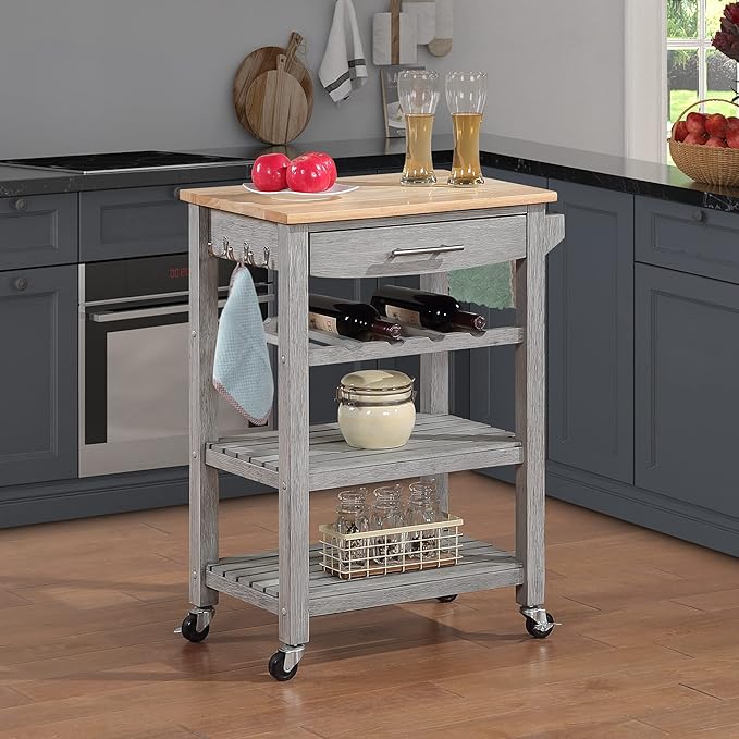 Convenience Concepts Ellaine 4 Tier Kitchen Cart with Drawer and Wine Rack, 24.75 x 16.5 x 34.5, Wirebrush Light/Butcher Block