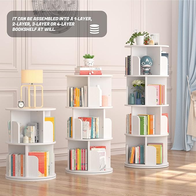 Aheaplus Rotating Bookshelf, Small Corner Bookshelf for Small Space, 360 Display 4 Tier Floor Standing Bookcase Storage Rack, Wood Narrow Book Shelf Organizer for Bedroom, Living Room, White