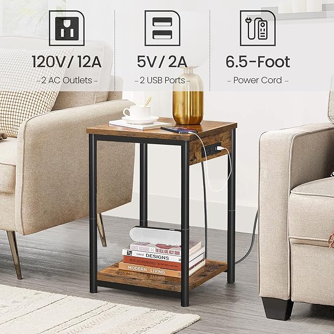 TUTOTAK Nightstand with Charging Station, End Table, Side Table with USB, 21.8”H Night Stand with Storage Shelf, Sofa Couch Table V1TB01BB025 (1 pc)