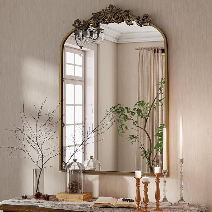 Vintage Arched Bathroom Mirror, 26x38 Inch Retro Wall Mounted Vanity Mirror with Carved Pattern Top and Metal Frame, Antique Decorative Mirror for Hanging or Leaning