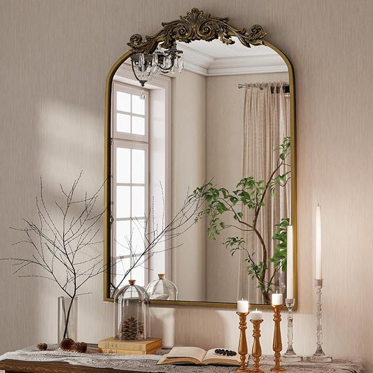 Vintage Arched Bathroom Mirror, 24x36 Inch Retro Wall Mounted Vanity Mirror with Carved Pattern Top and Metal Frame, Antique Decorative Mirror for Hanging or Leaning