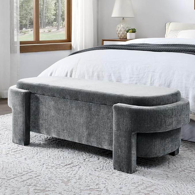 KEIKI 51" Linen Ottoman Bench with Large Storage Space, Upholstered Seating Foot Rest Stool Furniture for Bedroom, Living Room, Entryway, Green
