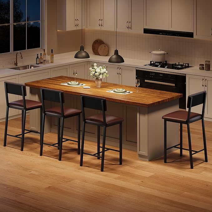 Garvee Bar Stools Set of 4, Kitchen Barstools with Thick Cushion, 25 Inch Counter Height Bar Stools with Backrest and Footrest, for Dining Room, Kitchen Island Counter Chairs, Retro Brown
