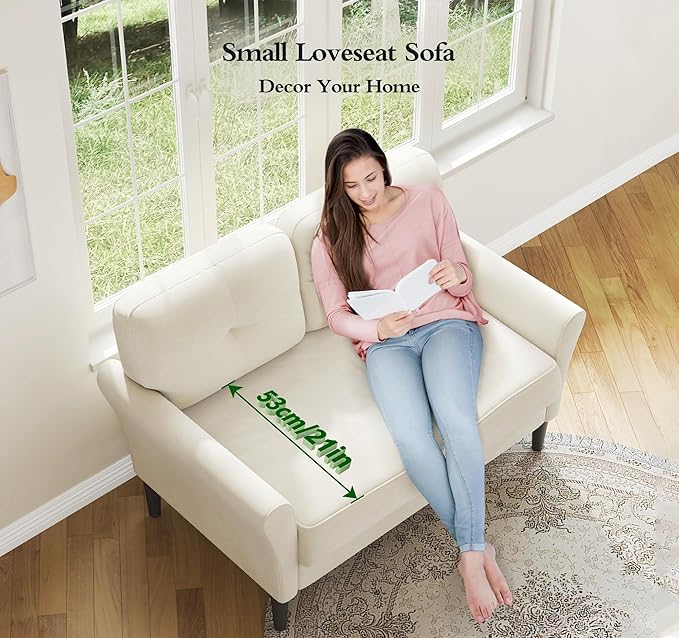 Small Sofa Couch, 48" Loveseat Sofa, Soft Velvet Love Seat Couches, Small Couch for Bedroom with 21" Deep Seat, Comfy Couches for Living Room, Tool-Free Setup Sofas for Living Room, White