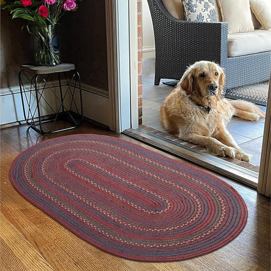 Jamestown Burgundy Oval Braided Rug, Jute, 27"x45" - Rustic Cabin Decor for Entryway, Kitchen, Everywhere