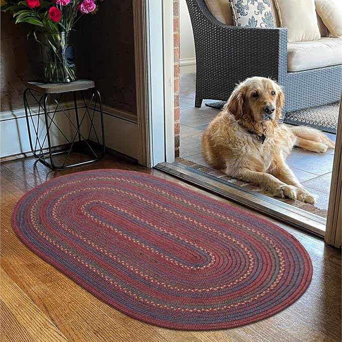 Jamestown Burgundy Oval Braided Rug, Jute, 2x3' - Rustic Primitive Decor for Entryway, Kitchen, Everywhere