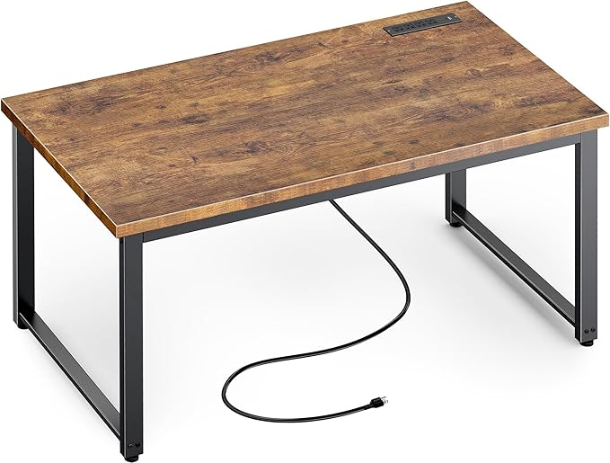 Huuger 48 x 24 inch Desk with Power Outlets & USB-C, Deeper & Thicker Desktop, Robust Metal Tubes, Computer Desk, Heavy Duty Office Desk, Work Gaming Desk for Home Office, Rustic Brown