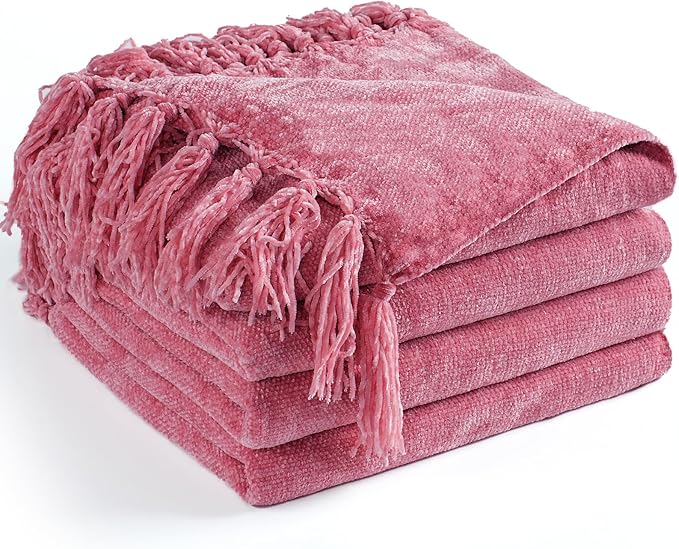 Chenille Throw Blanket for Couch 60"X 80" Twin, Soft Cozy Throws with Fringe Tassel for Bed Sofa Chair Cover, Lightweight Knitted Decorative Boho Blankets for Living Room, Rose Pink