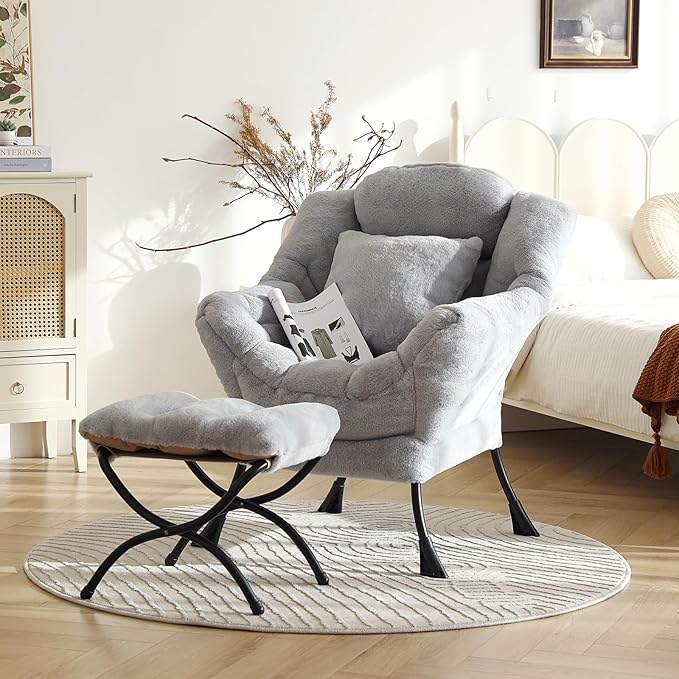 Lazy Chair with Ottoman, Modern Large Accent Lounge Chair with a Pillow, Leisure Sofa Armchair, Reading Chair with Footrest for Bedroom, Living Room,Plush White Gray