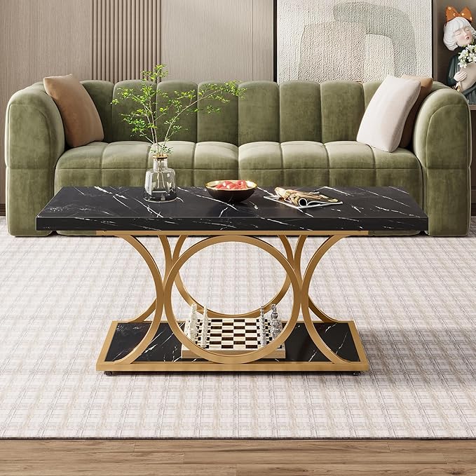 Tribesigns Rectangle Coffee Table, 47.24-inch Modern Coffee Tables for Living Room, 2-Tier Faux Marble Wood Coffee Table with Geometric Metal Legs, Furniture with Storage Shelf (Black & Gold)
