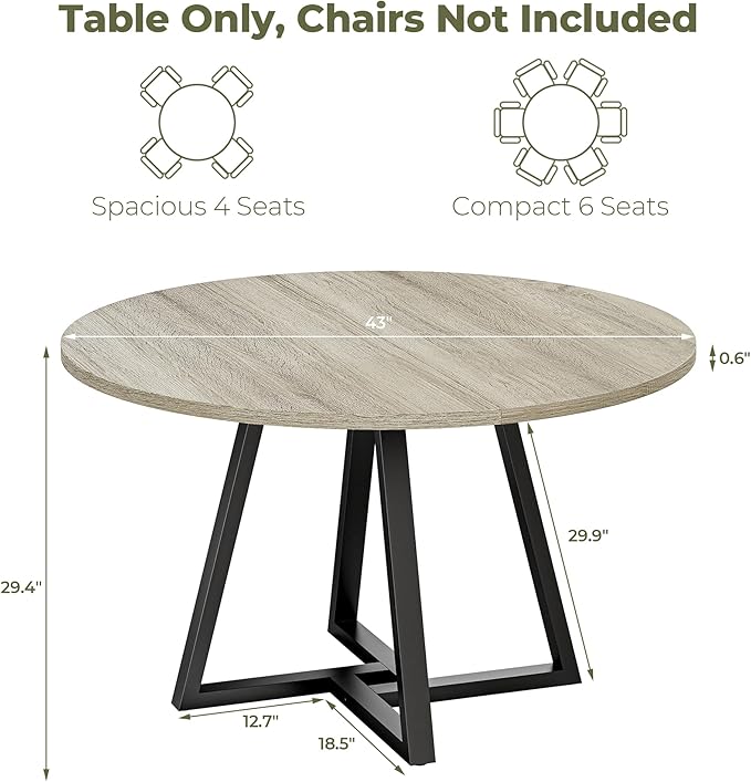 IRONCK 43" Round Dining Table for 4, Wood Kitchen Table with Metal Base, Space Saving Industrial Circle Dinner Table for Kitchen Dining Room, Gray