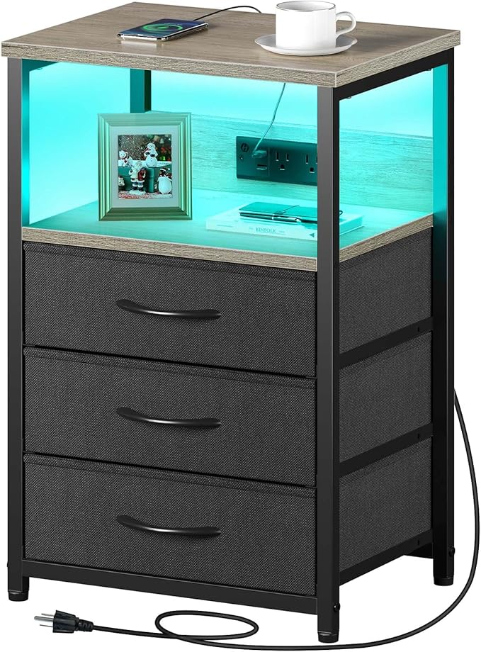 Seventable Nightstand with Charging Station and LED Light, Side Table with 3 Fabric Drawers, Bedside End Table with USB Ports and Outlets, Night Stand for Bedroom, Greige