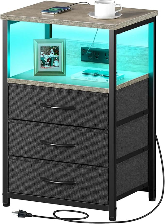 Seventable Nightstand with Charging Station and LED Light, Side Table with 3 Fabric Drawers, Bedside End Table with USB Ports and Outlets, Night Stand for Bedroom, Greige
