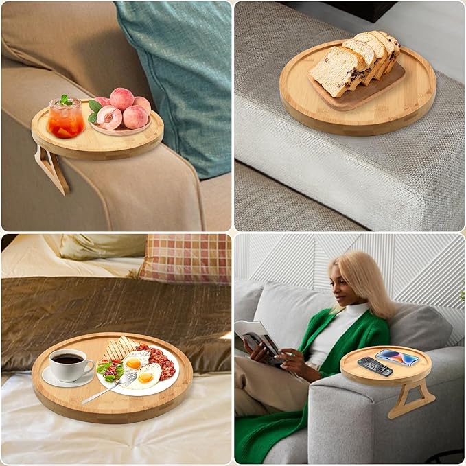 Sofa Arm Tray Table -Wide Sofa Arm Table-Flexible and Foldable-Ideal for Cell Phones,Cups,Fruits or Snacks-Thoughtful Gifts (Round)