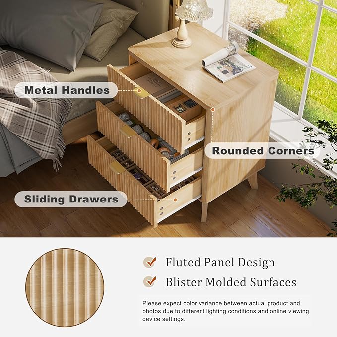 LYNCOHOME Fluted Nightstand with 3 Drawers, Modern Wood Chest of Bedside Table with Curved Profile, Fluted Dresser Organizer for Bedroom
