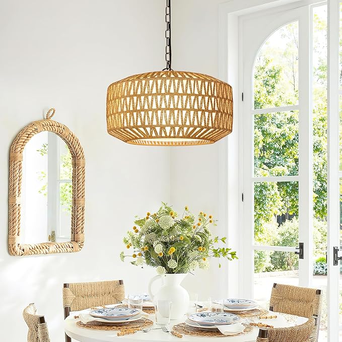 Farmhouse Chandelier Light Fixture, 5-Light Rattan Boho Chandeliers for Dining Room, Hand Woven Pendant Light with Linen Shade, Rustic Hanging Lighting for Kitchen Island, Bedroom (Bulb Not Included)