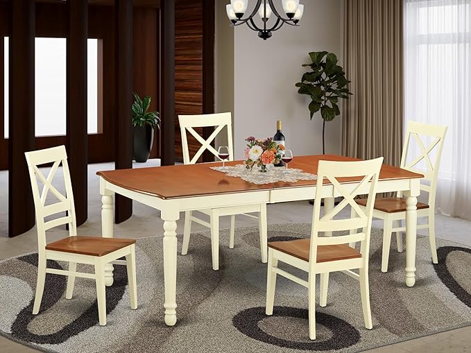 East West Furniture DOQU5-WHI-W 5 Piece Dining Room Table Set Includes a Rectangle Kitchen Table with Butterfly Leaf and 4 Dining Chairs, 42x78 Inch, Buttermilk & Cherry