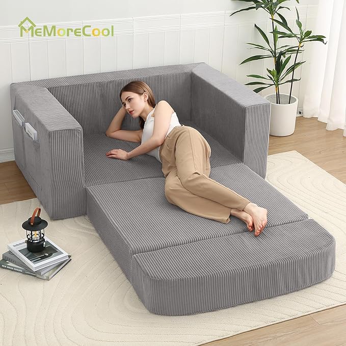MeMoreCool Convertible Sofa Bed, Pull Out Loveseat Sleeper Sofa, Small Boneless Cloud Couch Bed for Adults, Fold Out Foam Love Seat Grey, Corduroy Folding Floor Couch for Bedroom