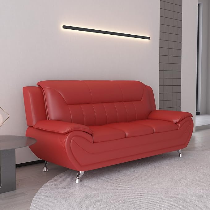Container Furniture Direct Michael Modern Faux Leather Upholstered Stainless Steel Legs Living Room Sofa, Persian Red
