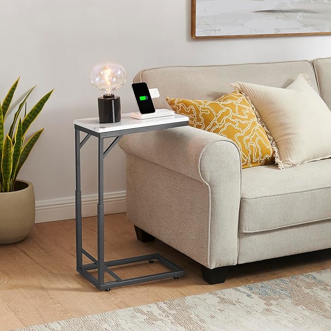C-Shaped End Table, Small Sofa Table with Metal Frame, Adjustable Height Side Table for Couch, Living Room, Bedroom, Bedside (Black, Small)