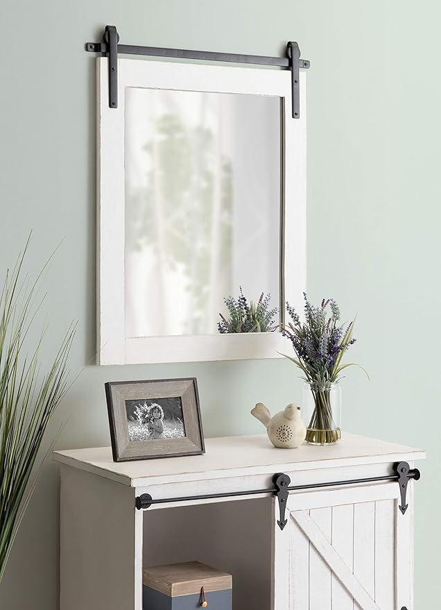 Kate and Laurel Cates Rustic Wall Mirror, 22" x 30", Coastal White, Farmhouse Barn Door-Inspired Wall Decor