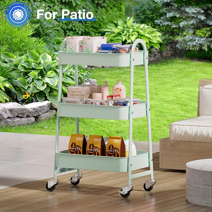 OLIXIS 3 Tier Utility Rolling Cart with Lockable Caster Wheels, Metal Mobile Storage Shelf, Organization for Livingroom, Bathroom, Kitchen, & Narrow Places, Light Green
