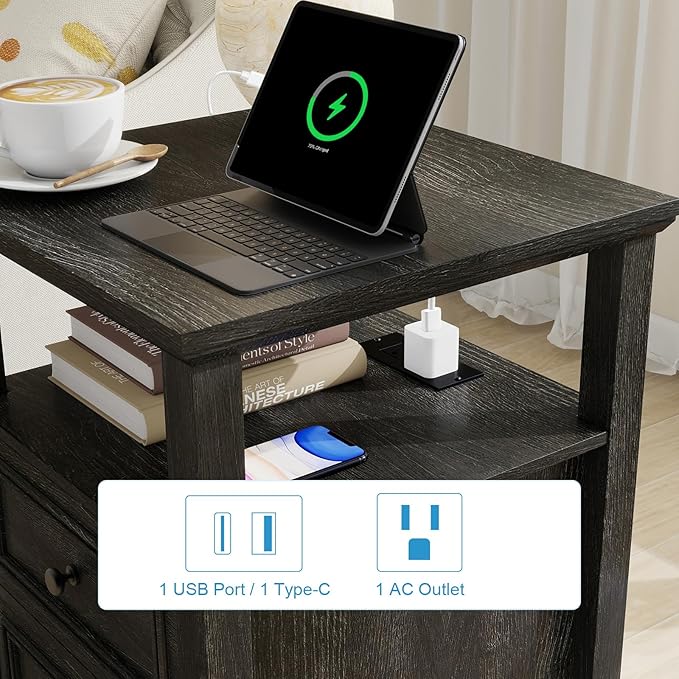 Vipbear Farmhouse Nightstand 18" Dark Gray End Table with Charging Station & 2 Drawers, Rustic Bedside Table with Storage Shelf for Bedroom, Living Room,18.1" D x 18.1" W x 24.2" H, Set of 2