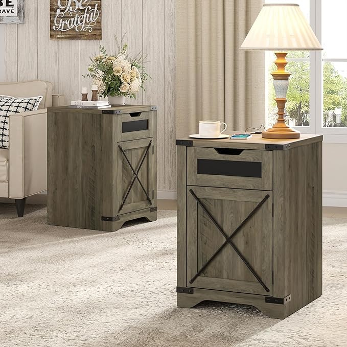 Farmhouse End Table Set of 2 with Charging Station, 26.4" Tall Rustic Nightstand with Drawer and X Barn Door, Country Bedside Sofa Side Table for Living Room, Grey