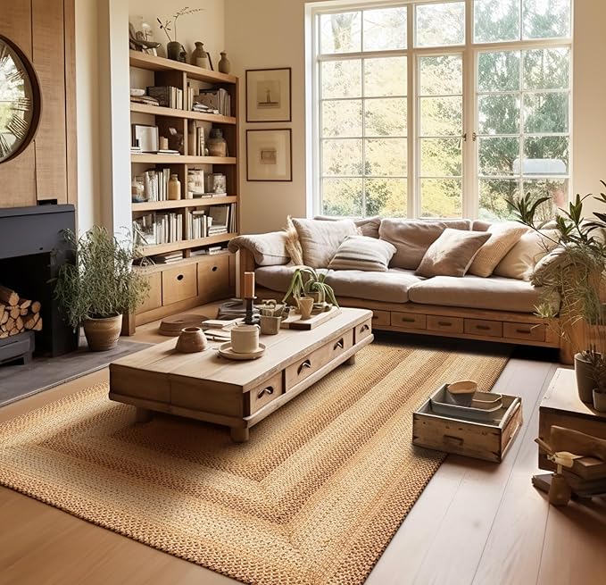 Homespice Cookie Dough Oval Braided Rugs 5x8' - Country Style Jute Brown Rugs for Living Room for Farmhouse Decor