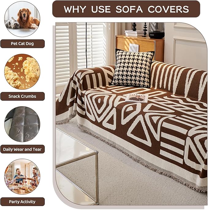 STACYPIK Boho Chocolate Beige Sofa Cover Anti-Slip Reversible Couch Cover for 2 Cushion Couch Soft Chenille Armchair Slipcovers L Shaped Cover for Sectional Furniture Protector for Kids Dogs-71X102IN