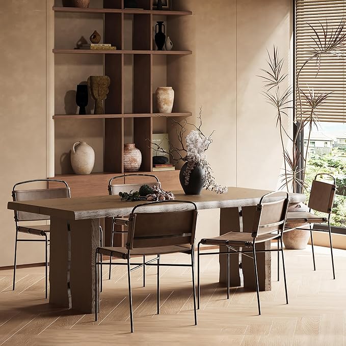 Mid-Century Modern Dining Chairs Set of 2, Brown PU Faux Leather Dining Chair Armless Dining Room Chairs with Black Metal Legs, High-End Stylish Kitchen Restaurant Dining Chairs