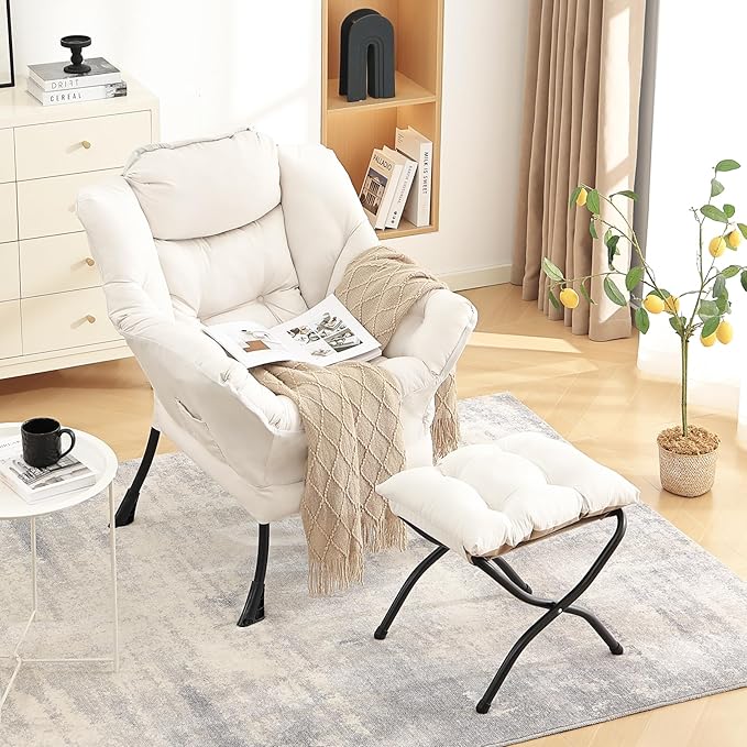 LITA Lazy Chair with Ottoman, Modern Accent Leisure Upholstered Sofa, Contemporary Lounge Reading Chair with Armrests and a Side Pocket for Living Room, Bedroom & Small Space, Beige