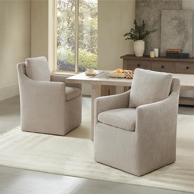 Upholstered Dining Chairs with Casters No Assembly Modern Accent Armchair with Rollers for Diningroom Bedroom Livingroom Reading Room,Sand,2 Boxs