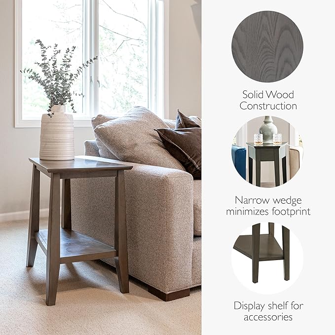 Leick Home Teegan End Table, Solid Wood, Bottom Display Shelf, Narrow Wedge, For Living Room/Bedroom, Smoke Gray, 24.0 in L x 15.0 in. W x 24.0 in. H