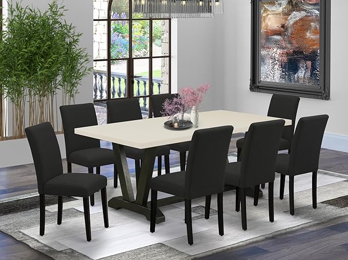 East West Furniture V627AB624-9 9 Piece Dining Table Set Includes a Rectangle Dining Room Table with V-Legs and 8 Black Color Linen Fabric Parsons Chairs, 40x72 Inch, Multi-Color