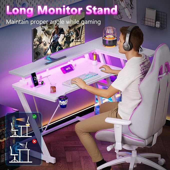 47 Inch White Gaming Desk with Power Outlet & LED Lights, Corner Computer Desk with 3 Tiers Storage Shelves, L Shaped Gaming Desk with Monitor Stand for Bedroom