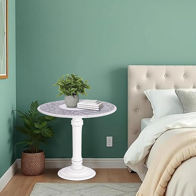 The Wooden Town Antique White Round Coffee Table – 18x22 Wood Accent Side Table for Living Room, End Table for Books & Plants, Small Altar Table