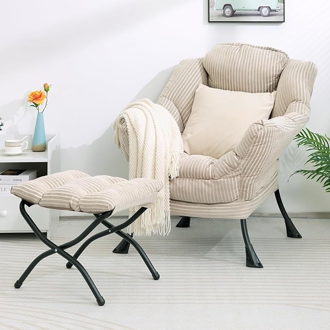HollyHOME Fabric Lazy Chair with Foldable Ottoman, Accent Comfy Lounge Arm Chair and Folding Footrest Stool Set, Leisure Sofa Reading Chair and Footstool for Living Room, Bedroom, Dorm, Beige Stripe