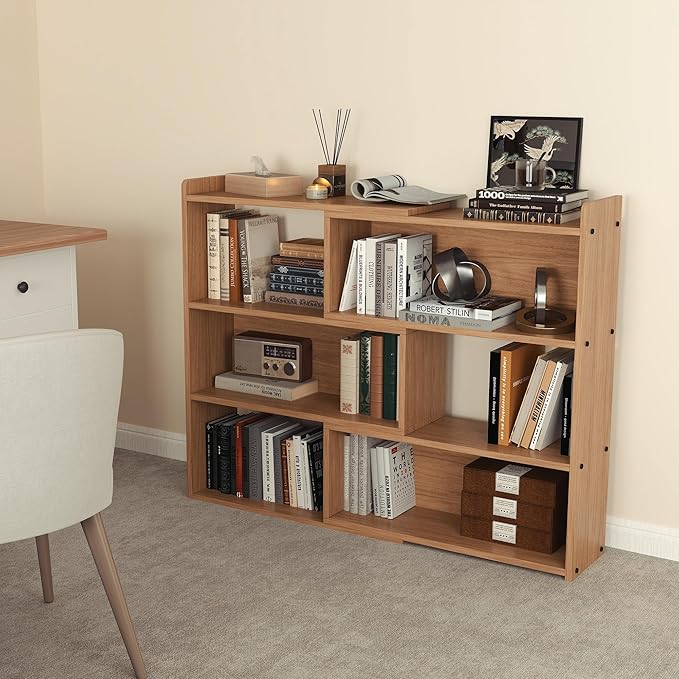 Open Shelf Low Bookcase,Wooden 4-Tier Floor Standing Expandable 25-47 inch Wide Bookcase,with Side Panels Frame for Home and Office