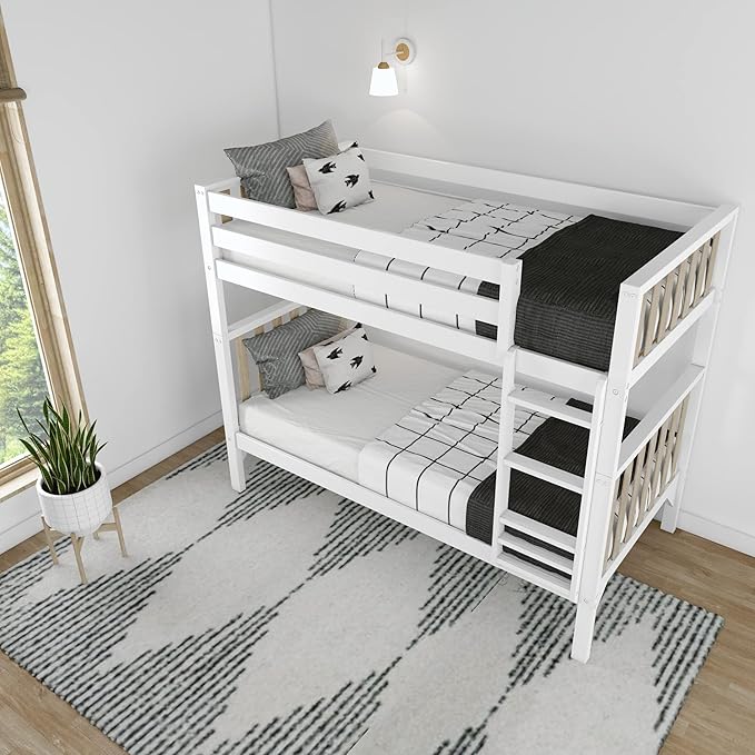 Max & Lily Bunk Bed, Scandinavian Modern Bunk Bed, Solid Wood Twin-Over-Twin Bed Frame for Kids, No Box Spring Needed, Blonde/White