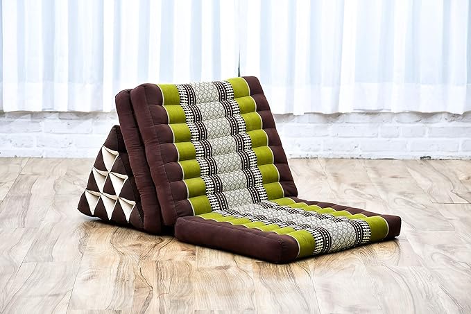Leewadee - Comfortable Japanese Floor Mattress Used As Thai Floor Bed with Triangle Cushion, Futon Mattress Or Thai Massage Mat, 67 x 21 inches, Brown Green
