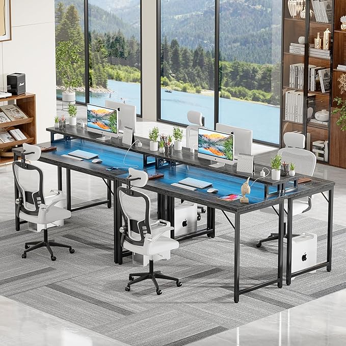 47 inch Computer Desk with Power Outlets, Gaming Desk with LED Lights, Home Office Work Desk with Monitor Shelf, Modern Office Desk Study Writing Table for Small Spaces, Black Oak