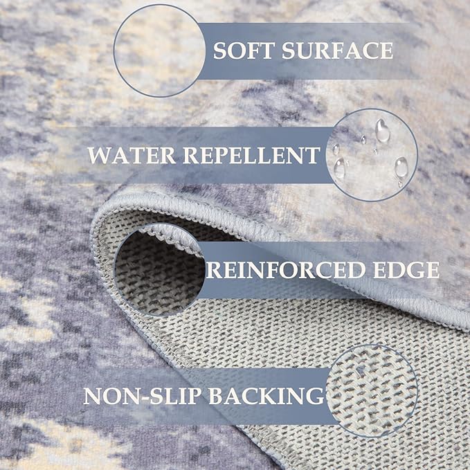 Washable Area Rugs 6'x9' Non-Slip Modern Abstract Soft for Living Room Entryway Bedroom Nursery, Print Pattern, Purple Grey Cream Yellow