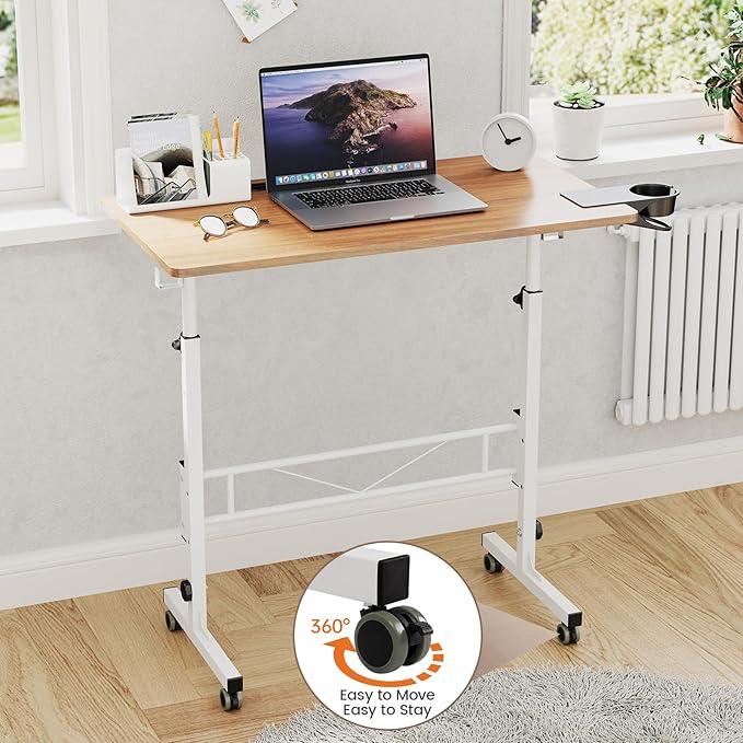 Hadulcet Portable Standing Desk, Rolling Desk Adjustable Height, Mobile Laptop Desk, Small Stand Up Table with Wheels, Walking Table for Treadmill Walking Pad, Tall Computer Stand, Oak