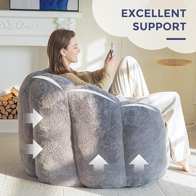 MAXYOYO Bean Bag Chair for Adults, Floral Shaped Bean Bag Sofa, Ultra Soft Faux Fur Floor Sofa, Large Reading Chair for Living Room Bedroom, Dark Grey, Single