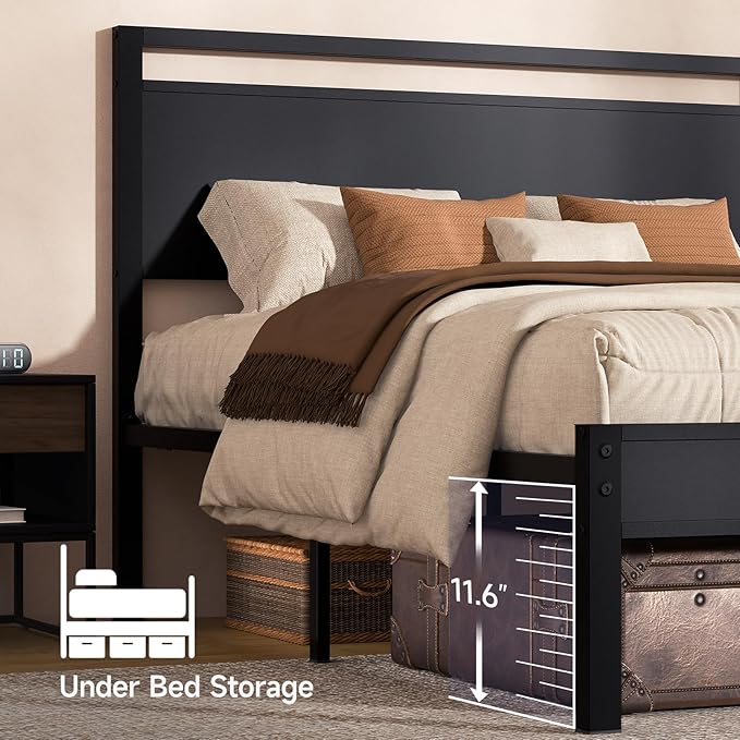 Z-hom Queen Bed Frame with Modern Wood Headboard & Footboard, Upgraded Heavy Duty Metal Sturdy Bed Frame Queen Size, Stable Platform Bed Furniture Bed Storage, No Noise, No Box Springs, Black