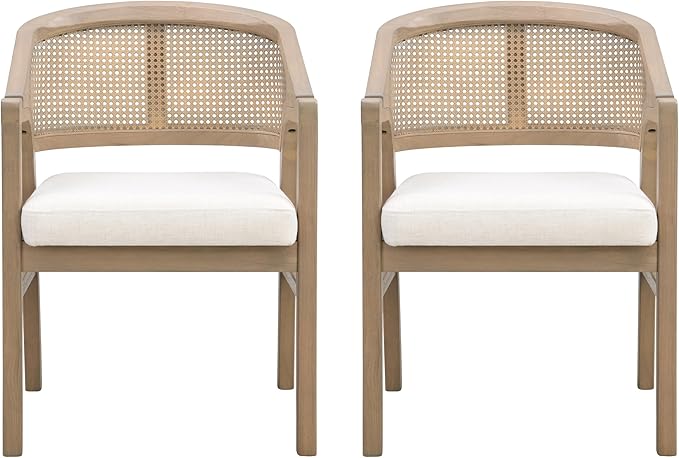 Christopher Knight Home Faritel Modern Wooden Dining Chairs Set of 2, Fabric Upholstered Kitchen Side Armchairs, Living Room Comfy Reading Chair with Curved Rattan Back, Light Ash+Beige