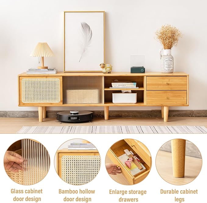 Tiita Rattan TV Stand for 55 65 Inch TV, Bamboo TV Cabinet with 2 Drawers, Boho Entertainment Center with Adjustable Shelf, Mid Century Modern Media Console for Bedroom, Living Room, Wood