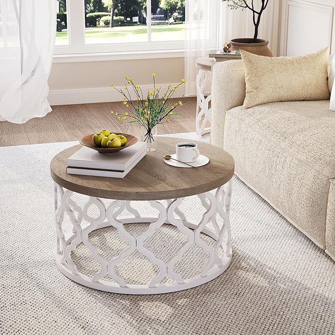 karlott Farmhouse Coffee Table, French Country Round Coffee Table, Coastal Coffee Table with Distressed Wood Top, Boho Coffee Table with Curved Motif Frame Base for Living Room, Dining Room, Bedroom
